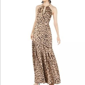 Bar III Leopard Print Pleated Halter Maxi Dress